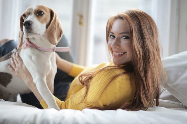 cheerful-young-lady-with-beagle-dog-resting-on-bed-near